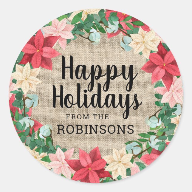 Sticker Rond Joyeuses vacances Poinsettia Brown Burlap (Devant)