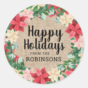 Sticker Rond Joyeuses vacances Poinsettia Brown Burlap