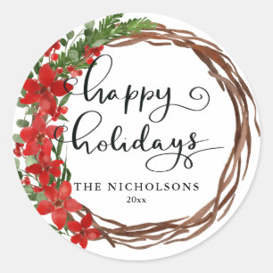 Sticker Rond Joyeuses vacances Script Noël Rouge Holly Wreath
