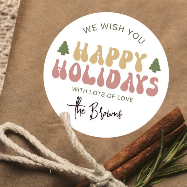 Sticker Rond Joyeuses vacances Super Retro Noël cadeau (Add a bit of nostalgia to your gift wrapping with this retro colorful Happy Holidays sticker)