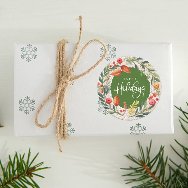 Sticker Rond Joyeuses vacances Wreath Aquarelle (Happy Holidays Wreath Watercolor Classic Round Sticker)