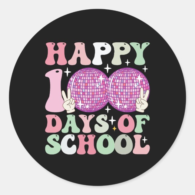 Sticker Rond Joyeux 100 Jours De Scolaire Boule Disco Super Rét (Devant)