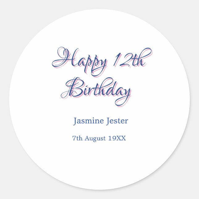 Sticker Rond joyeux 12ème anniversaire bleu rose nom date simpl (Devant)