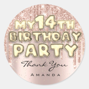Sticker Rond Joyeux 14ème Anniversaire Fête Paillettes Gouttes 