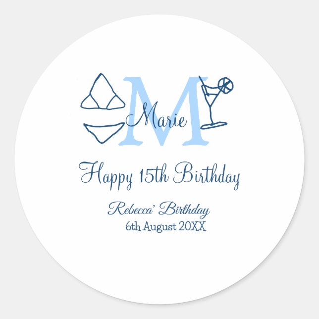 Sticker Rond Joyeux 15e anniversaire bleu ajouter nom monogramm (Devant)