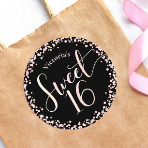 Sticker Rond Joyeux 16 ans Anniversaire Noir Rose Or Paillettes