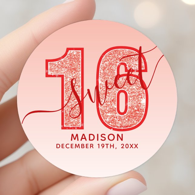 Sticker Rond Joyeux 16e Anniversaire écriture pailletée rouge (Créateur téléchargé)