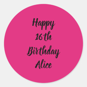 Sticker Rond Joyeux 16e anniversaire rose noir Nom personnalisé
