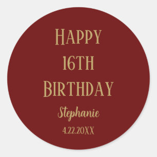Sticker Rond Joyeux 16e anniversaire Seize Gold Bourgogne Rouge