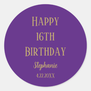 Sticker Rond Joyeux 16e anniversaire Seize Or Purple âge person