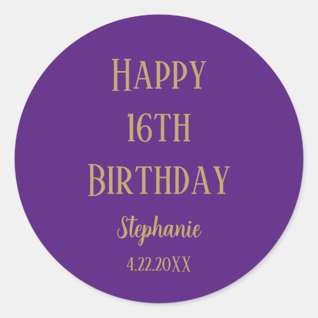 Sticker Rond Joyeux 16e anniversaire Seize Or Purple âge person (Devant)