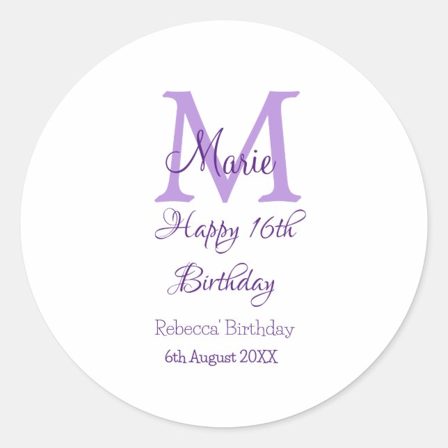 Sticker Rond Joyeux 16e anniversaire violet ajouter nom monogra (Devant)