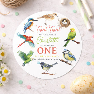 Sticker Rond Joyeux 1er anniversaire au joli oiseau   Fête ador