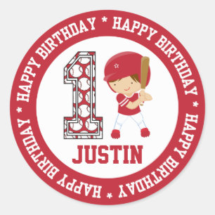 Sticker Rond Joyeux 1er Anniversaire Batteur de Baseball Rouge
