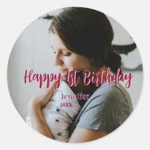 Sticker Rond Joyeux 1er anniversaire enfant bébé mère rouge ora