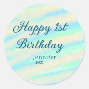 Sticker Rond Joyeux 1er anniversaire enfants bébé bleu vert pas