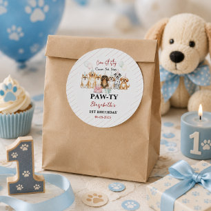 Sticker Rond Joyeux 1er Anniversaire Garçon Chien Mignon Fête