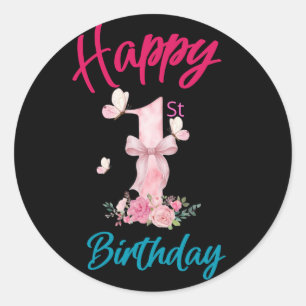Sticker Rond Joyeux 1er Anniversaire Mignon Papillon Rose Ruban
