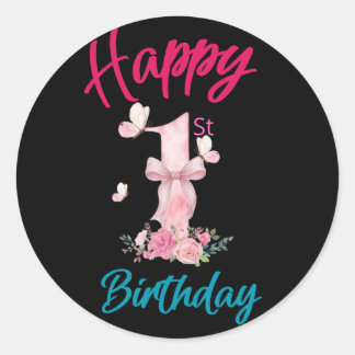 Sticker Rond Joyeux 1er Anniversaire Mignon Papillon Rose Ruban