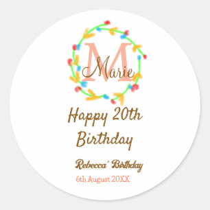 Sticker Rond Joyeux 20e anniversaire couronne monogramme rouge 