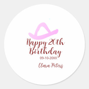 Sticker Rond Joyeux 20e anniversaire fille cowboy rose nom date