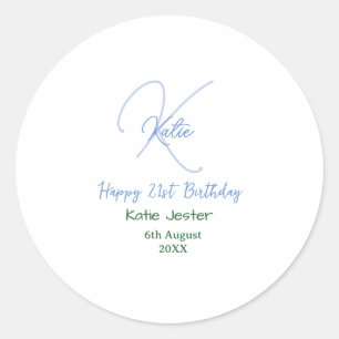 Sticker Rond Joyeux 21e anniversaire bleu ajouter un monogramme