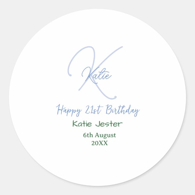Sticker Rond Joyeux 21e anniversaire bleu ajouter un monogramme (Devant)
