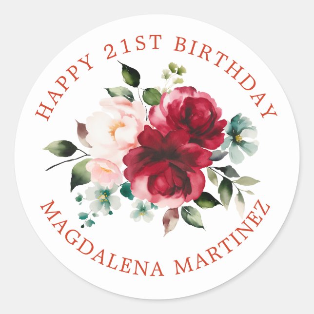 Sticker Rond Joyeux 21e anniversaire Floral Custom Envelope Sce (Devant)