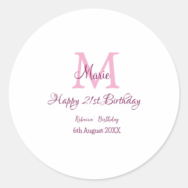 Sticker Rond Joyeux 21e Anniversaire rose ajouter nom monogramm (Devant)