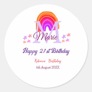 Sticker Rond Joyeux 21e anniversaire rose ajouter nom monogramm