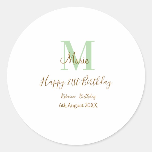 Sticker Rond Joyeux 21e Anniversaire vert ajouter nom monogramm (Devant)