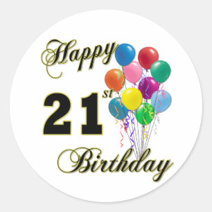 Sticker Rond Joyeux 21ème anniversaire avec des ballons