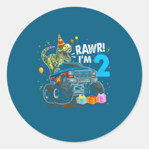 Sticker Rond Joyeux 2e anniversaire T Rex dinosaure drôle fête