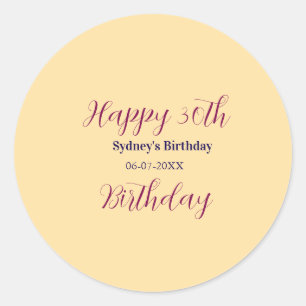 Sticker Rond Joyeux 30e anniversaire nom date pastel orange vio
