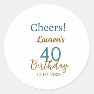 Sticker Rond Joyeux 40e anniversaire nom date marron turquoise
