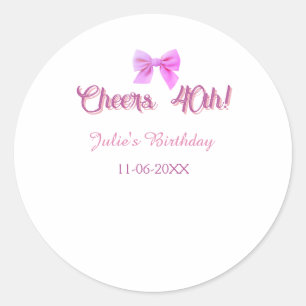 Sticker Rond Joyeux 40e anniversaire nom date mauve rose ruban