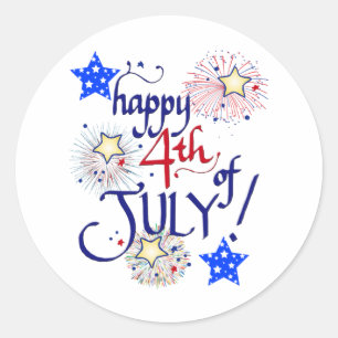 Sticker Rond Joyeux 4 juillet ! avec feux d'artifice et étoile