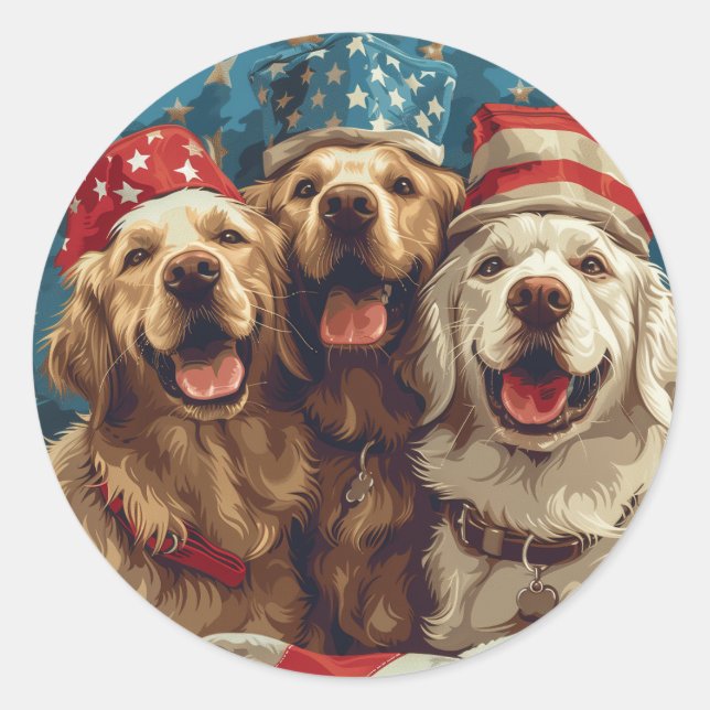 Sticker Rond Joyeux 4 Juillet Chiens De Rétritrice D'Or (Devant)