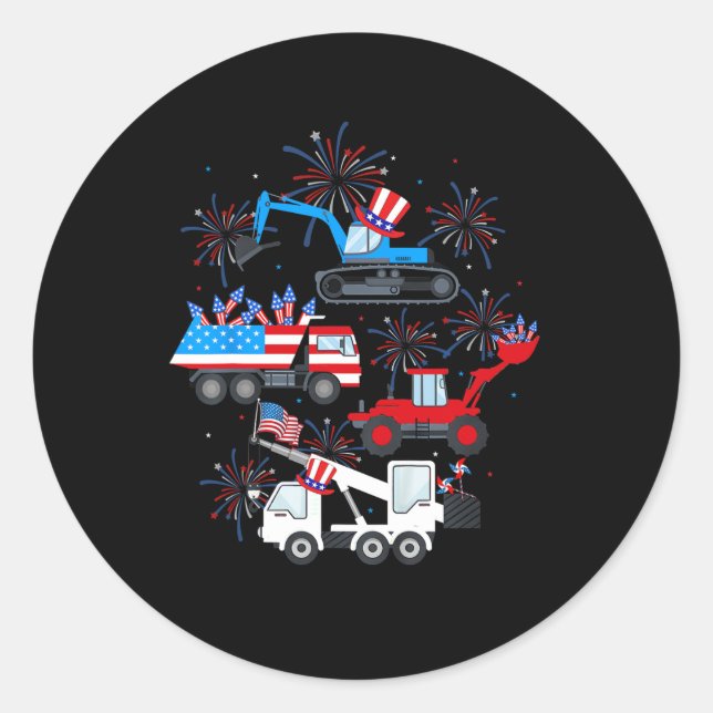 Sticker Rond Joyeux 4 juillet Construction de Camion de Grue (Devant)