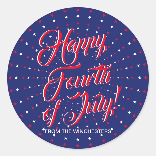 Sticker Rond Joyeux 4 Juillet rouge blanc bleu étoiles script (Devant)