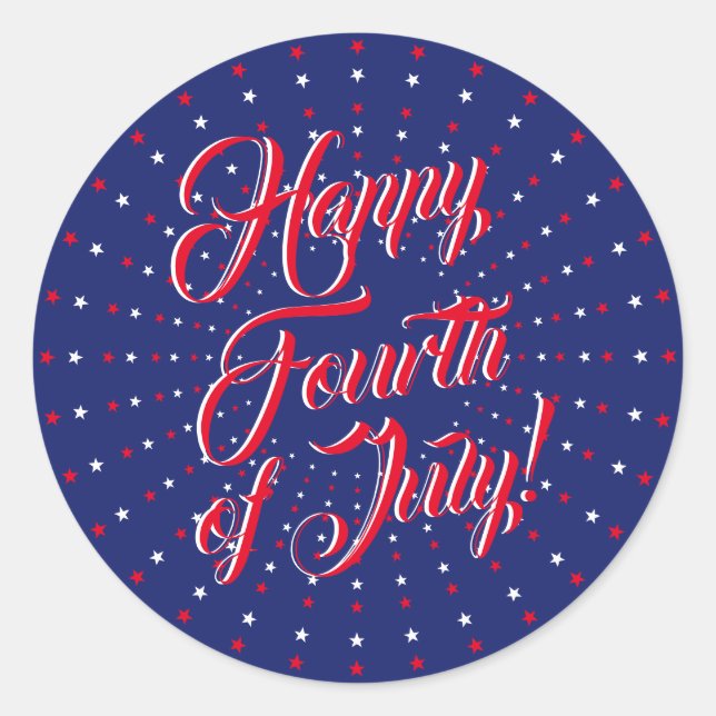 Sticker Rond Joyeux 4 juillet script rouge blanc bleu étoiles (Devant)