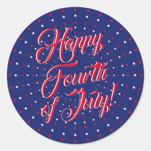 Sticker Rond Joyeux 4 juillet script rouge blanc bleu étoiles 