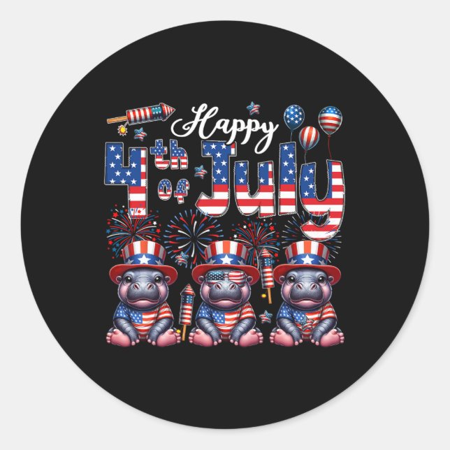 Sticker Rond Joyeux 4 juillet trois beaux hippopotames Sungles  (Devant)