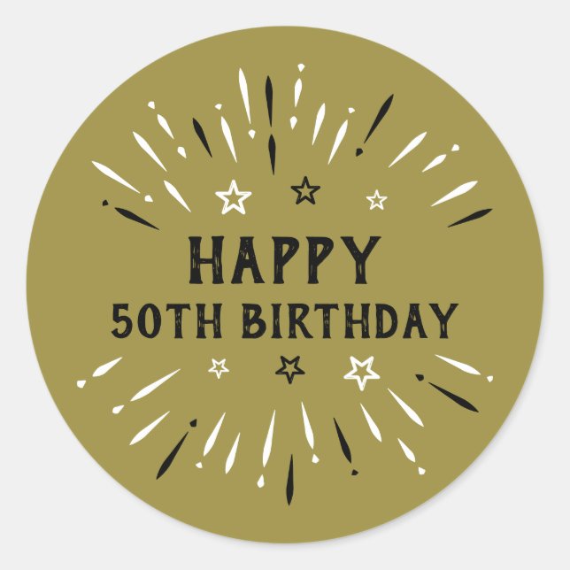 Sticker Rond Joyeux 50e anniversaire feux d'artifice Gold Black (Devant)