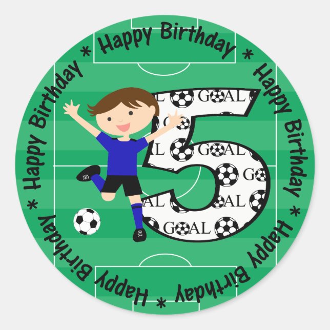 Sticker Rond Joyeux 5e anniversaire de football bleu et noir Ob (Devant)