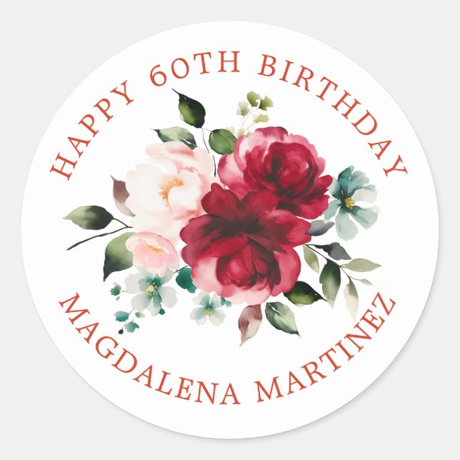 Sticker Rond Joyeux 60e anniversaire Floral Custom Envelope Sce (Devant)