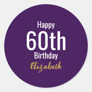 Sticker Rond Joyeux 60ème Anniversaire Nom Or Violet Blanc