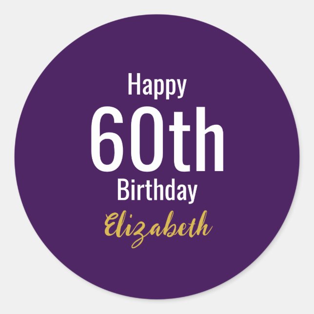 Sticker Rond Joyeux 60ème Anniversaire Nom Or Violet Blanc (Devant)