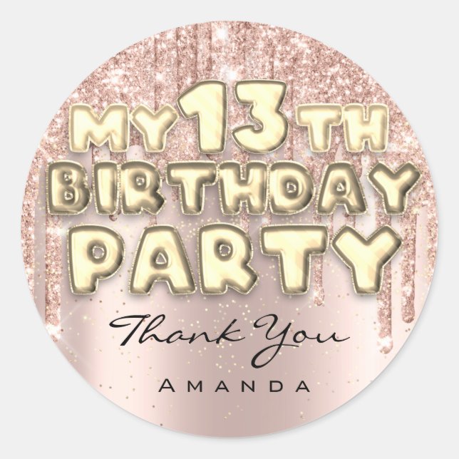 Sticker Rond Joyeux Anniversaire 14 ans Fête Glitter Drips Rose (Devant)