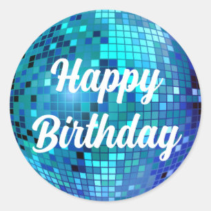 Sticker Rond joyeux anniversaire 3d bleu disco balle